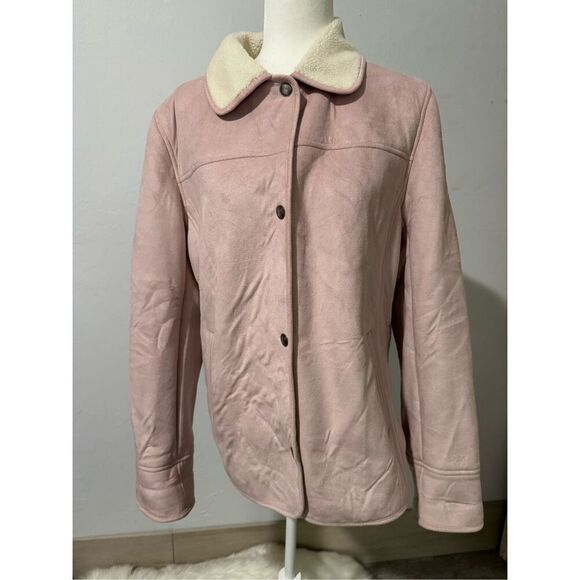 Talbots pink Faux suede vintage Sherpa lined snap button front jacket L - Picture 8 of 8